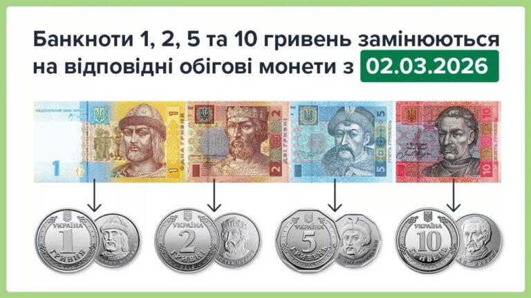 Банкноти 1, 2, 5 та 10 грн старого зразка виводять з обігу з 2 березня